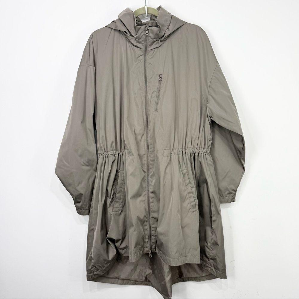 Stylus Taupe Cinch Waist Zip Up Detachable Hood Tunic Windbreaker Jacket